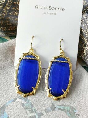 Alicia Bonnie Charlotte Gold Cobalt Blue Cat's Eye Earrings NEW
